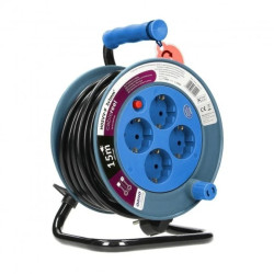 Przedłużacz bębnowy MINI, 4 gniazda 2P+Z, metalowy stojak, polwinit H05VV-F 3x1mm2 , długość 15m, turkusowy, OR-AE-1339/T(GS)