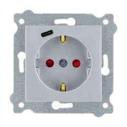 Gniazdo z uziemieniem Schuko 2P+E i przesłonami torów prądowych + gniazdo Typ C Srebrny 274/10E EXEN