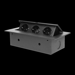 Gniazdo meblowe wpuszczane w blat z płaskim rantem. 3x2P+Z (Schuko). czarne OR-AE-1371(GS)/B