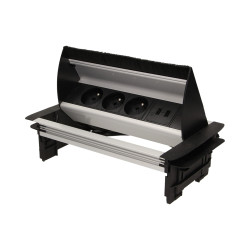 Gniazdo meblowe wpuszczane w blat ze szczotką przeciwkurzową. ładowarką USB i przewodem 1.8m. 3x2P+Z. 2xUSB OR-AE-1362