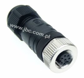 RKC 8/9, M12, 8 styków, złącze żeńskie (gniazdo) proste, dławik SW19 (4-8mm), nakrętka metalowa, styki złocone, czarne, LUMBERG,