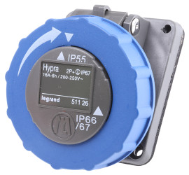 Złącze przemysłowe - zasilające 16A Gniazdo 200 → 250 V. 2P + E Legrand Niebieski Montaż na panelu IP55