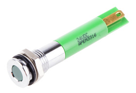 Lampka kontrolna do montażu panelowego 24V dc, zielona 8mm LED Chrom Faston, oczko lutownicze RS PRO