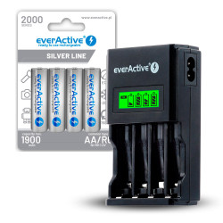 ZESTAW Ładowarka akumulatorków Ni-MH everActive NC-450 Black Edition + 4x akumulatorki everActive R6/AA Ni-MH 2000 mAh