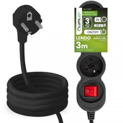 Przedłużacz Sieciowy Kabel z Uziemieniem Listwa Zasilająca 3 Gniazda 3m Włącznik ON/OFF Czarny Sznur Lendo Lumiled