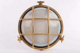 Oprawa mosiężna BULAJ DUŻY A20 z 3 nakrętkami typu motylek, E27, 40W, klosz matowy-szkło, IP64, siatka mosiężna A20