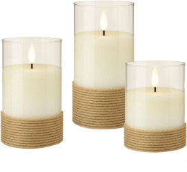 Zestaw trzech świec LED z prawdziwego wosku w słoiku, biały, owinięty konopiami