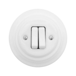 Włącznik światła schodowy podwójny ceramiczny, okrągły z ramką, podtynkowy biały Ceramic Loft