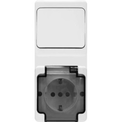 BRYZA Łącznik pojedynczy + gniazdo pojedyncze z/u Schuko IP54 z klapką dymną białe 181469