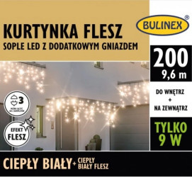 Kurtynka sople flesz 200l z gniazdkiem ciepły biały flesz 9,6m dekoracji+5 m przewodu zasil. na zewnątrz i do wnętrz 13-585
