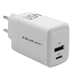 Qoltec Ładowarka sieciowa 45W GaN 5-20V 1.5-3A 1 x USB-C PD 1 x USB QC 3.0 Biała