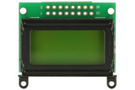Wyświetlacz; LCD; alfanumeryczny; LCD-LC-0802C-YHY Y/G-E6; 8x2; czarny; Kolor tła: zielony; podświetlenie LED; 31mm; 14,5mm; AV-