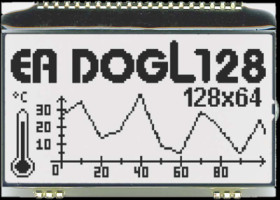 Graphic display, 128 x 64 character, FSTN, viewing area: 64 x 35.5 mm, EA DOGL128W-6