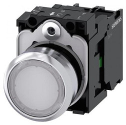 Przycisk 22 mm, round, metal, shiny, white, pushbutton, flat, momentary contact type, with holder, 1 NO, LED modu