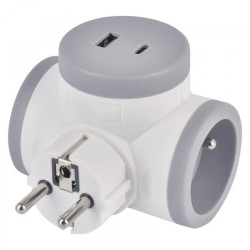 Rozgałęźnik 2×, 1×USB-A+1×USB-C, biało-szary