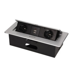 Gniazda wpuszczane w blat 2x230 z płaskim frezowanym rantem i ładowarką USB srebrne OR-AE-13109/G