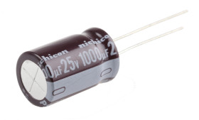 Kondensator 1000μF 25V dc Radialny, Otwór przelotowy Nichicon roztaw: 5mm 12.5 (Dia.) x 20mm