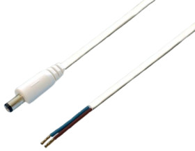DC connection cable, 500 mm, white, plug 2.5 x 5.5 mm, straight to open end, 075197