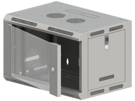 Szafa rack wisząca 19 cali 9U 600x600, niedzielona, drzwi szklane, kolor szary FLAT PACK