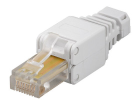 Wtyk; RJ45 8p8c; RJ45; na przewód; proste; przewód okrągły linka; przewód okrągły drut; przezroczysty; beżowy; złocone; zatrzask