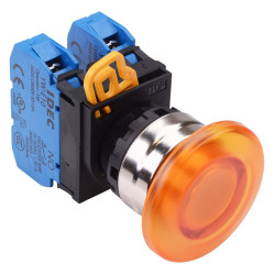 YW4L-A4E20Q0A Amber 22mm Metal Bezel Mushroom Maintained Push Button Switch 2NO IP65 IDEC