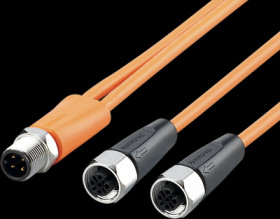 Sensor actuator cable, M12 cable plug, straight, A to 2 x M12 cable socket, straight, A, 4 pole, 0.3 m, PVC, orange, 4 A, EVT473
