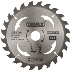 Draper 26194 TCT Construction Circular Saw Blade, 216 x 30mm, 24T