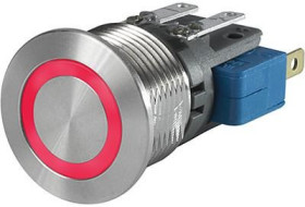 Vandal-proof pushbutton, 1 pole, silver, illuminated  (red), 100 mA/30 V, mounting Ø 16.1 mm, IP40, 3-102-618
