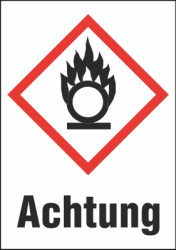 Hazardous goods sign, symbol: GHS03/text: &quot;Achtung&quot;, (W) 26 mm, plastic, 013.25-9-37X26-W1 / 36 ST