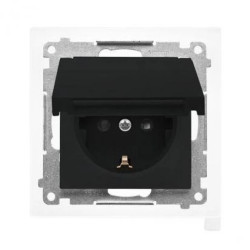 Simon 55 Gniazdo Schuko IP44 z przesłonami z uszczelką ramki (moduł), szybkozłącza. Klapka w kolorze Czarny mat TGSZ1BCZ.01/149