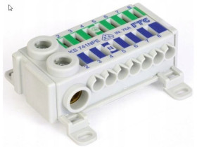 Blok rozdzielczy 2-biegunowy CU wej.2x(2,5-25 mm2) wyj.14x(0,5-4 mm2) TH35 niebiesko/zielony KS741NPE MOREK