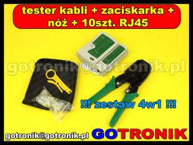 Zaciskarka z nożem + 10 sztuk końcówek RJ45 + tester kabli sieciowych