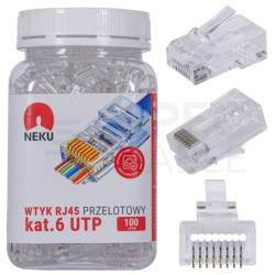 Wtyk modularny RJ45 8P8C kat.6 nieekranowany UTP uniwersalny drut linka przelotowy NEKU opakowanie SŁOIK 100szt.