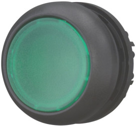 Pushbutton, illuminable, groping, waistband round, green, front ring black, mounting Ø 22.5 mm, 216928