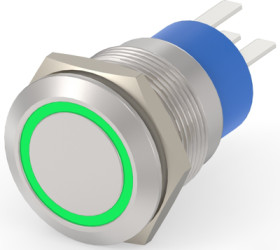 Vandal-proof pushbutton switch, 1 pole, silver, illuminated  (green), 5 A/250 V, mounting Ø 19.2 mm, IP67, 3-2213767-5