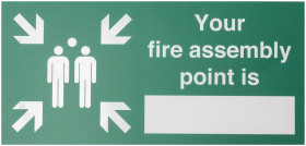 Znak BHP, tekst: "Your Fire Assembly Point Is, Poliester winylowy, kolor: Green, White BS 5499, ISO 7010 Znak