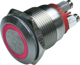 Vandal-proof pushbutton, 1 pole, silver, illuminated  (red), 0.05 A/24 V, mounting Ø 19.2 mm, IP66, MPI002/TERM/RD