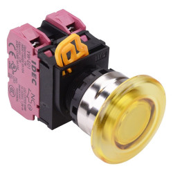YW4L-A4E02Q3Y Yellow 12V illuminated 22mm Metal Bezel Mushroom Maintained Push Button Switch 2NC IP65 IDEC
