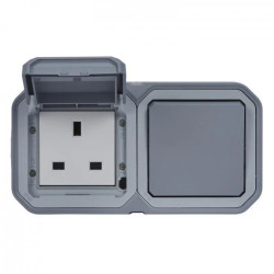 NOWE PLEXO 55 Gniazdo standard brytyjski 2P+Z + łącznik schodowy natynkowe 16A - 250V AC szare 069750L