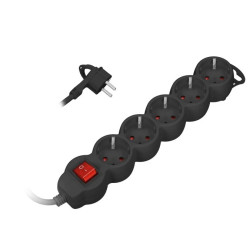 Przedłużacz 5-krotny 2P+Z (Schuko), z wyłącznikiem, 3m H05VV-F 3x1,0mm2, Imax=10A, płaska wtyczka, czarny,ORAE13150(GS)/B/3M