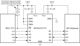 Four-bit dual-supply bus transceiver with configurable voltage-level shifting and tri-state outputs