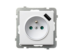 SONATA Gniazdo pojedyncze z uziemieniem z ładowarką USB 5V/2,1A z przesłonami białe GP-1RZPUSB/m/00 OSPEL