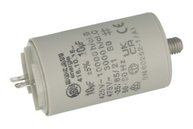 Kondensator; polipropylenowy; silnikowy (rozruchowy); 416101527; 10uF; 425V AC; fi 36x58mm; konektory 6,3mm; śruba bez nakrętki;