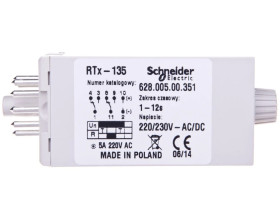 Przekaźnik czasowy jednofunkcyjny 2P 5A 1-12sek 220-230V AC/DC praca cykliczna RTX-135 220/230 12SEK 2002681