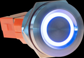 Pushbutton, silver, illuminated  (blue/red), 2 A/250 V, mounting Ø 22 mm, IP65/IK10, BUTTON22T-01