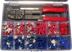 Cable connector assortment, butt connectors/ring cable lugs/flat receptacles/faston plugs/branch terminals with 1x crimping plie