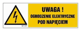 ZNAK - HB019 Uwaga ogrodzenie elektryczne pod napięciem - arkusz 8 naklejek - arkusz 8 naklejek 10 x 3,3 cm FN - Folia samoprzyl
