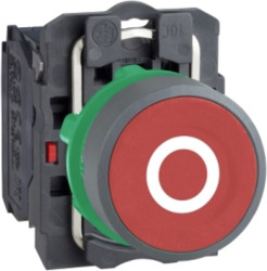 Pushbutton, labeled O, unlit, groping, 1 Form B (N/C), waistband round, red, front ring light gray, mounting Ø 22.5 mm, XB5AA432