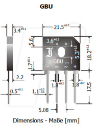 GBU8D Single-phase bridge rectifier, 200 Vrrm, 8 A, SIP