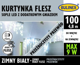 Kurtyna świetlna zewnętrzna FLESZ 100 LED SOPLE z gn. i zasilaczem biały/flesz 4,8m szer+5m, łącz max 3kpl 230V 9W IP44 13-564